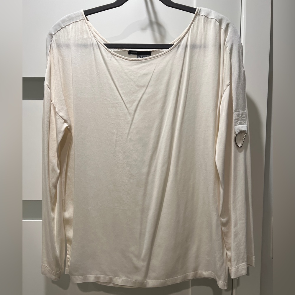 Vince Semi-Sheer Silk Blouse Scoop Neck Long Sleeves Rolled Tuxedo Cream Medium